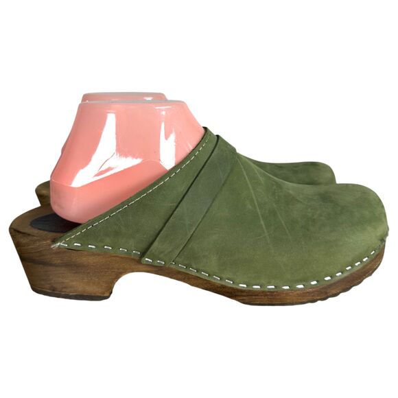 Lotta's from Stockholm Green Leather Wood Chunky Clogs EU 42 US 10 - 10.5 - Picture 4 of 9